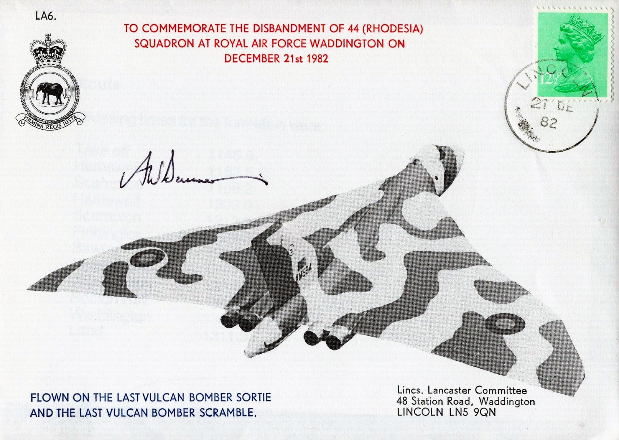 Adrian Sumner signed flown cover commemorating the disbandment of 44 squadron. Force Waddington on