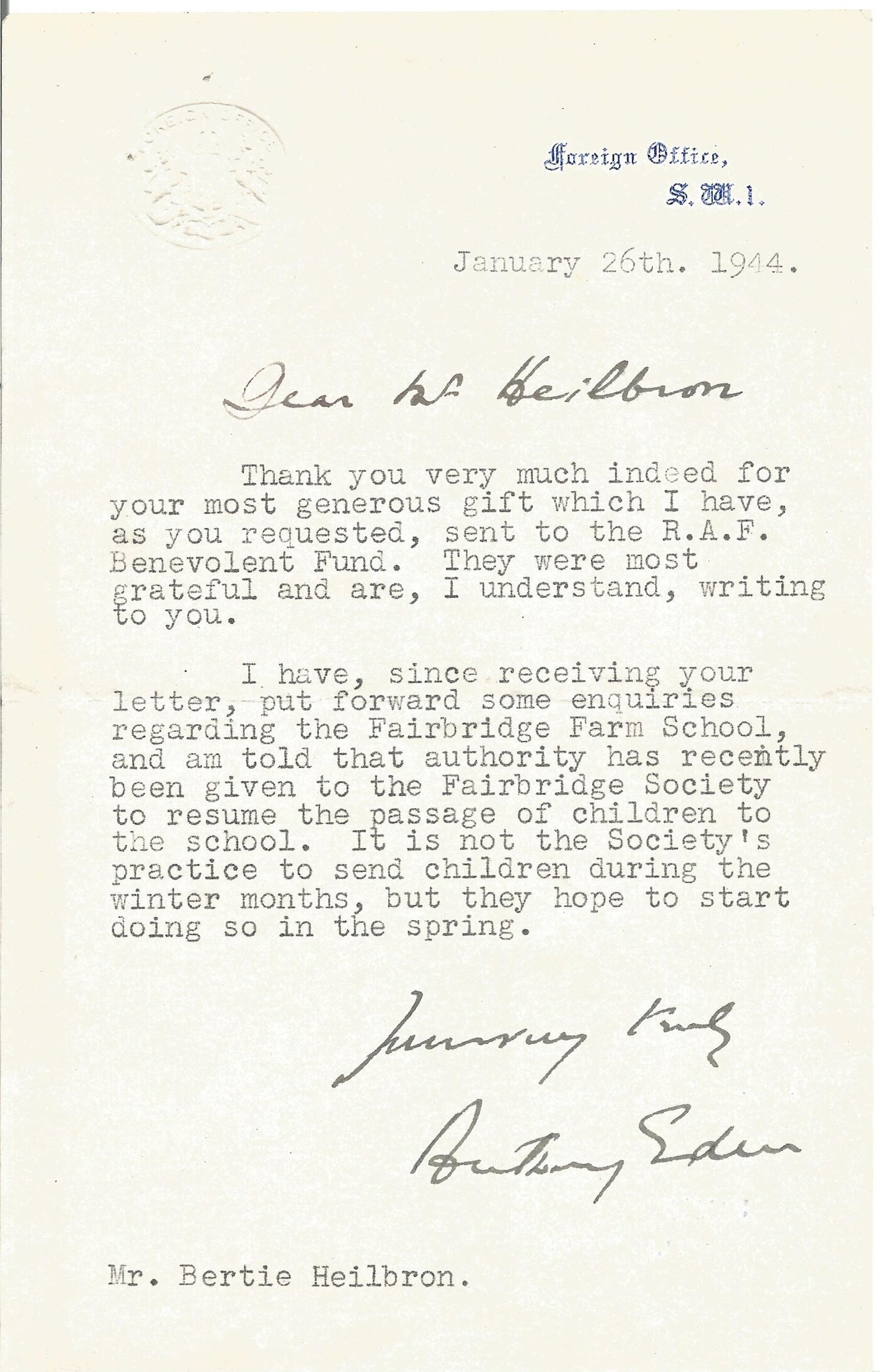 Antony Eden. T. L. S., January 1944, Thanking His Correspondent For A Gift For The Raf Benevolent