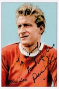 Denis Law signed 6x4 colour photo card pictured during his time with Manchester United. Denis Law