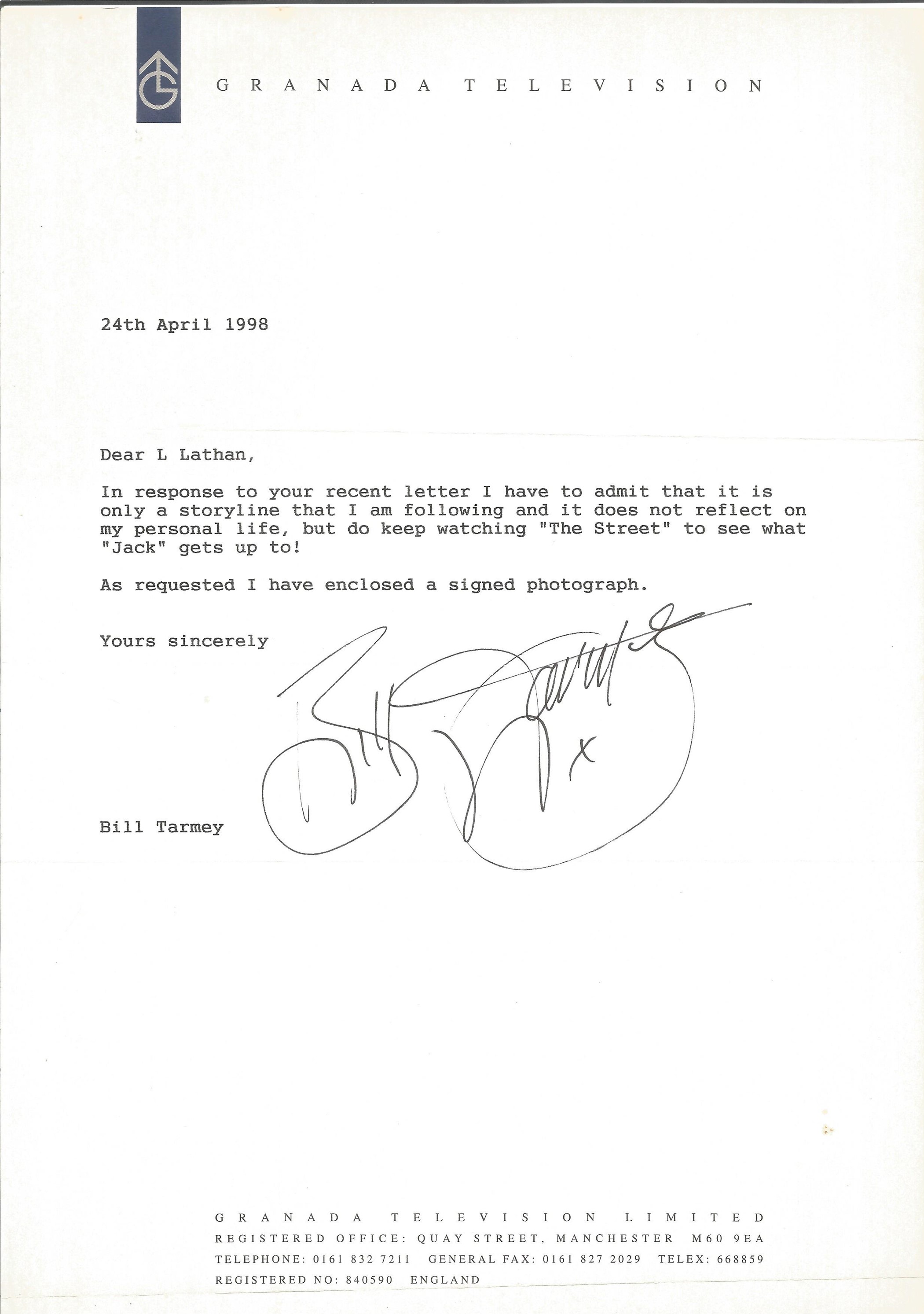 Actor Andrew Larkin Neighbours handwritten signed letter, Actor Bill Tarmey Coronation Street