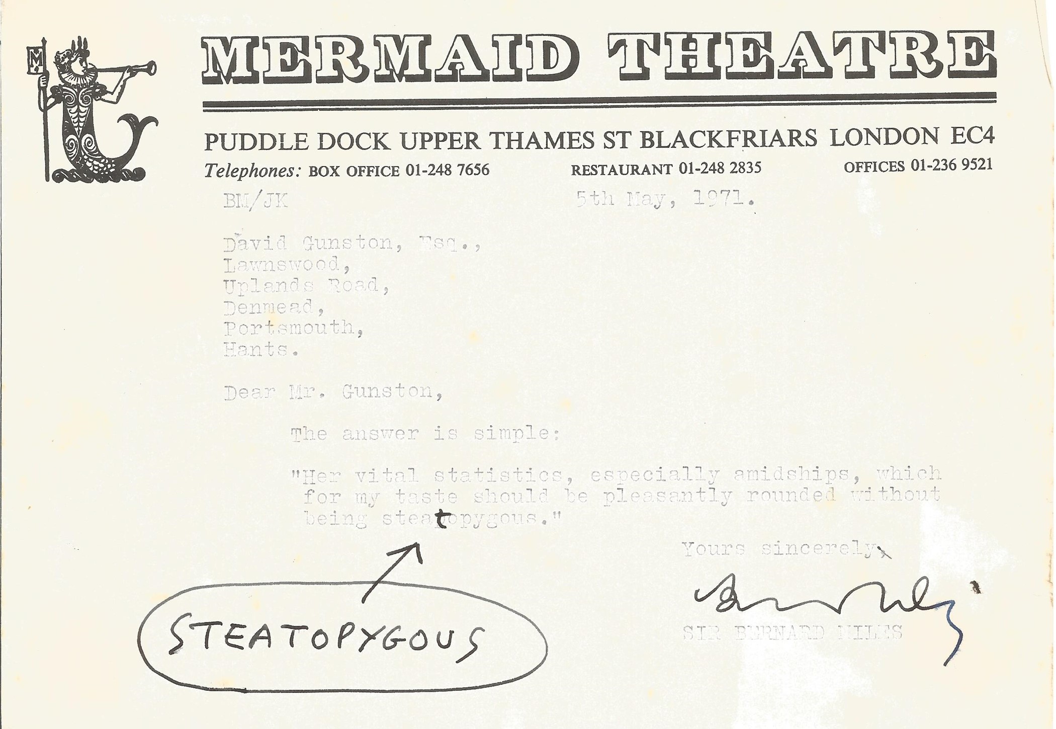Actor Bernard Miles signed headed paper of the Mermaid Theatre London which he founded with a