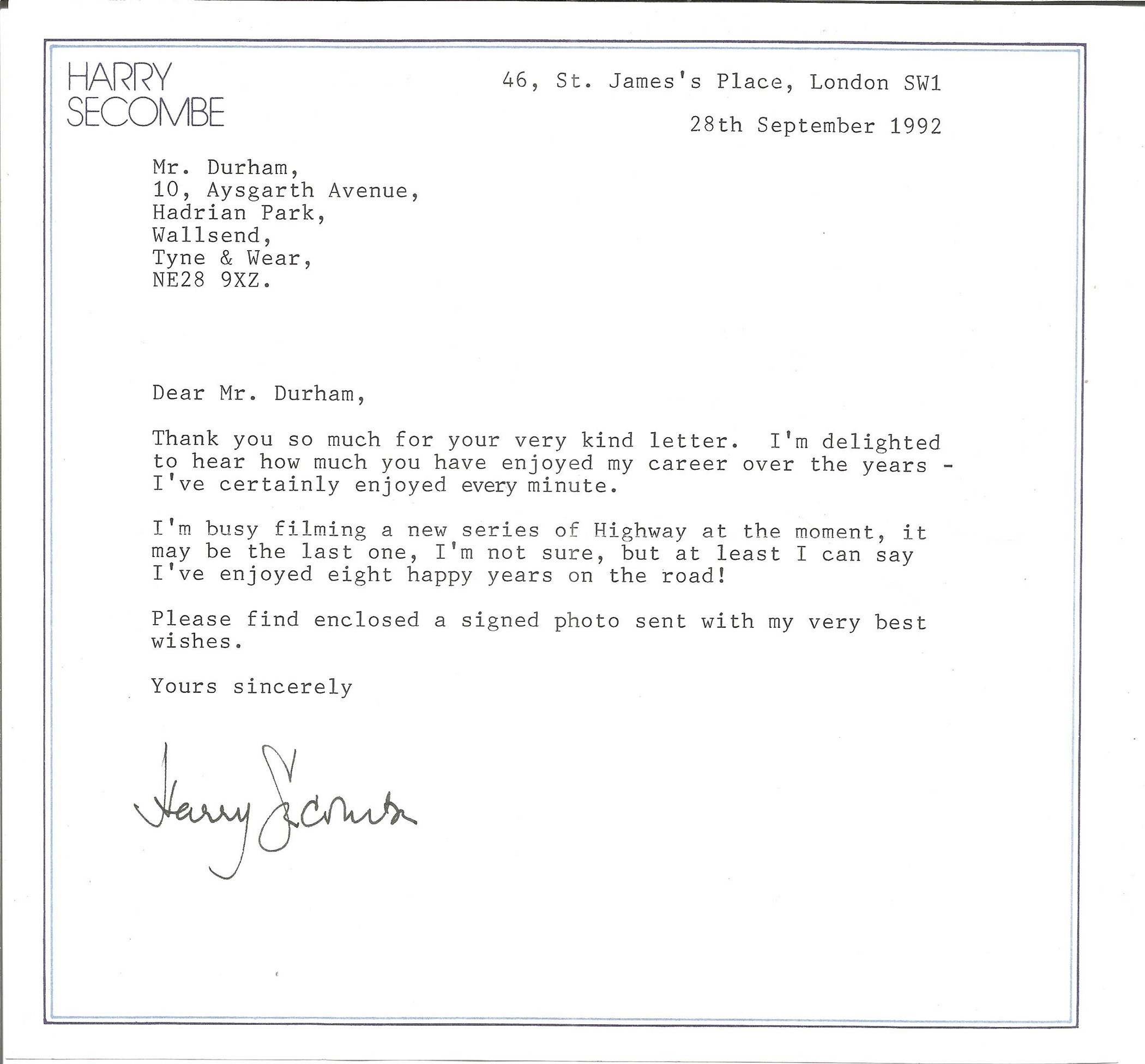 Henry Secombe signed typed letter. Good condition. All autographs come with a Certificate of