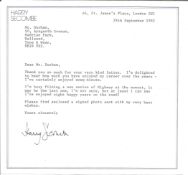 Henry Secombe signed typed letter. Good condition. All autographs come with a Certificate of