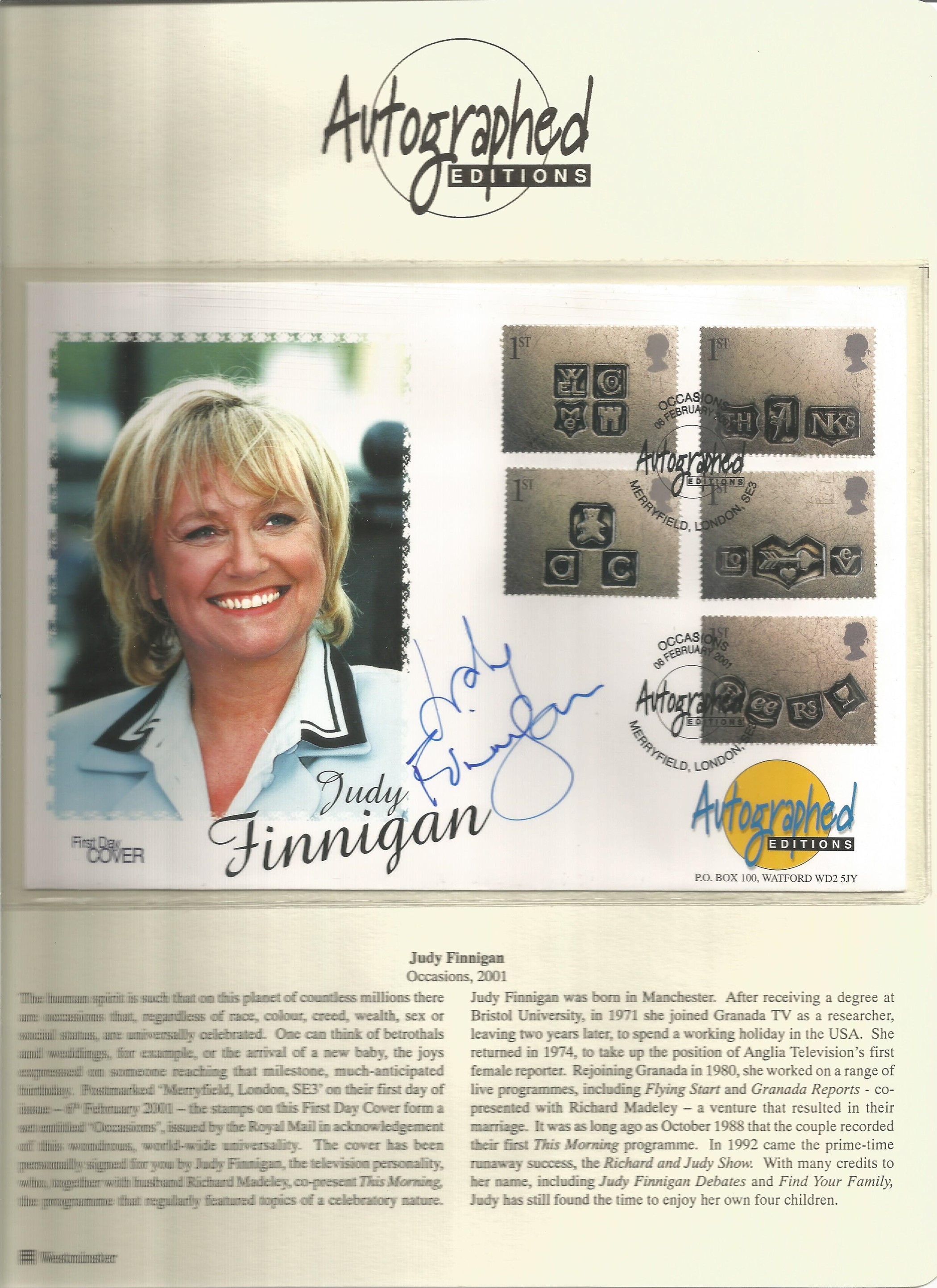 Judy Finnigan signed Autograph Editions Official FDC Occasions 2001. Set on nice A4 descriptive