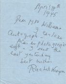 Actress Rachel Kempson, brief signed dated letter enclosing an autograph not present. Rachel, Lady