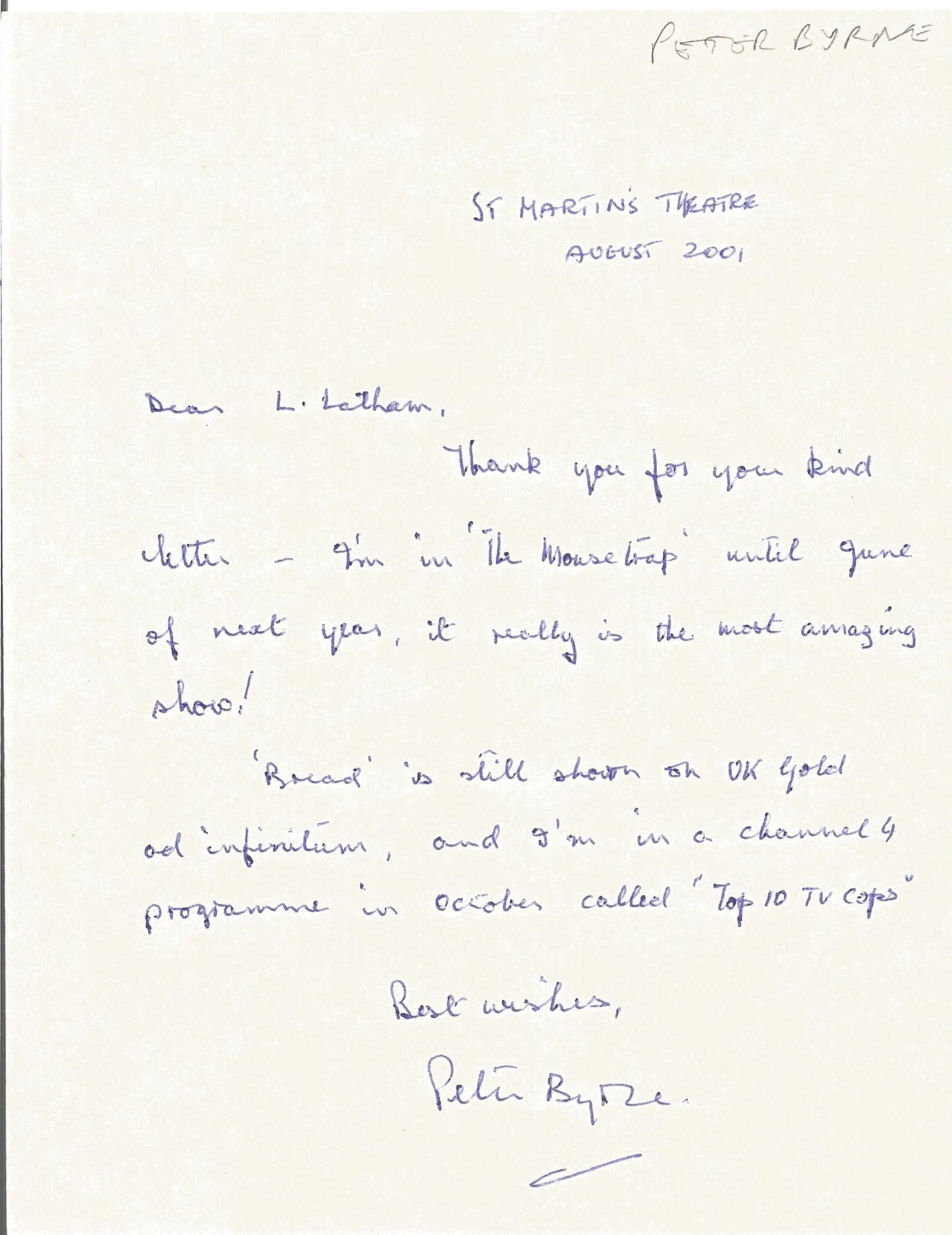 Actor Peter Byrne signed handwritten letter advising his current work commitments. Peter James Byrne