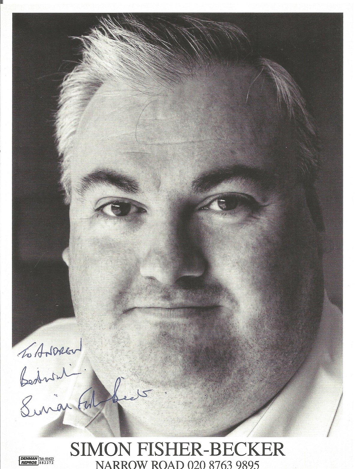 Actor Simon Fisher Becker signed 8x6 black and white photo, dedicated to Andrew, together with - Image 2 of 2