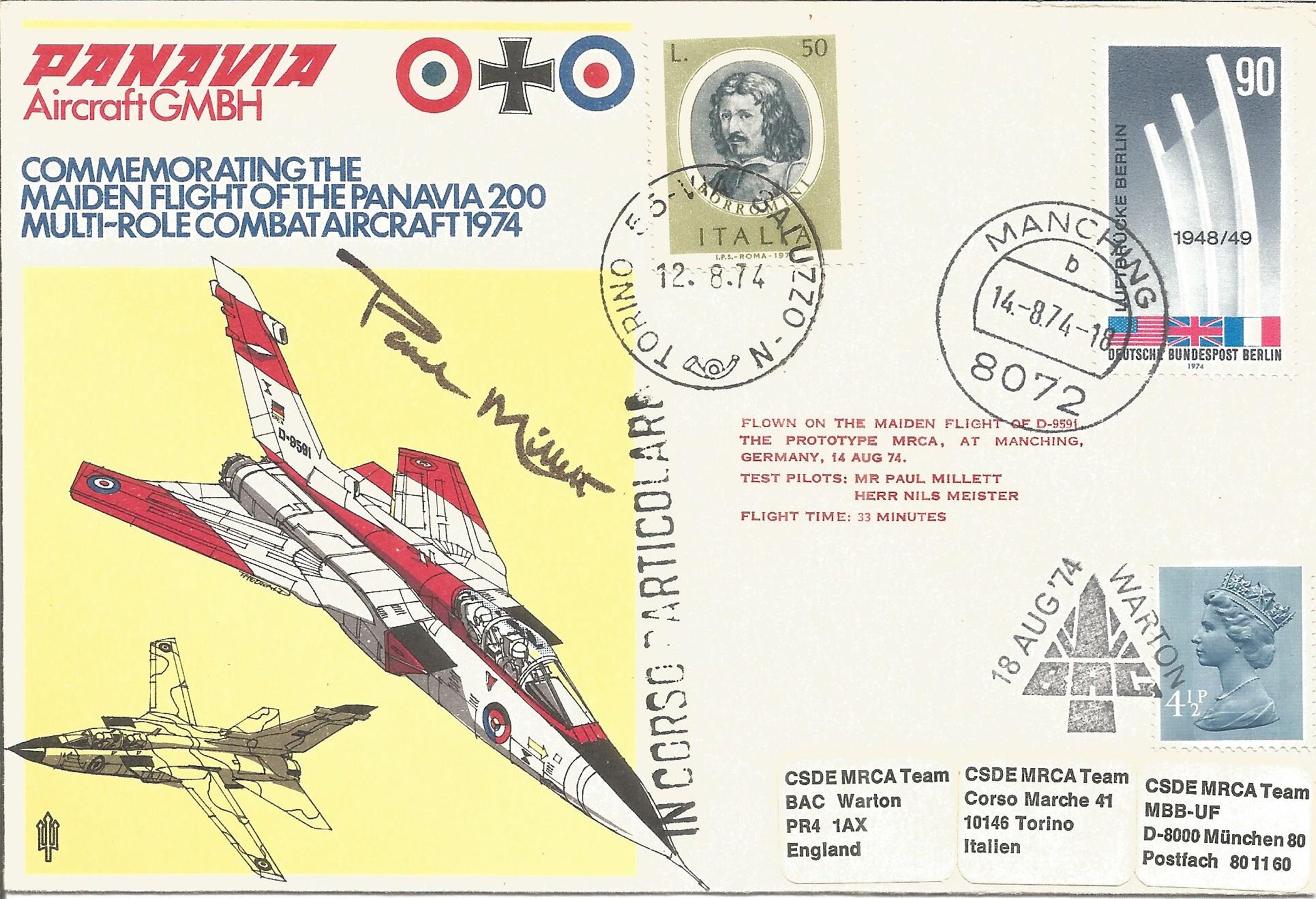 Paul Millett signed FDC Panavia Aircraft GMBH Commemorating the Maiden Flight of the Panavia 200