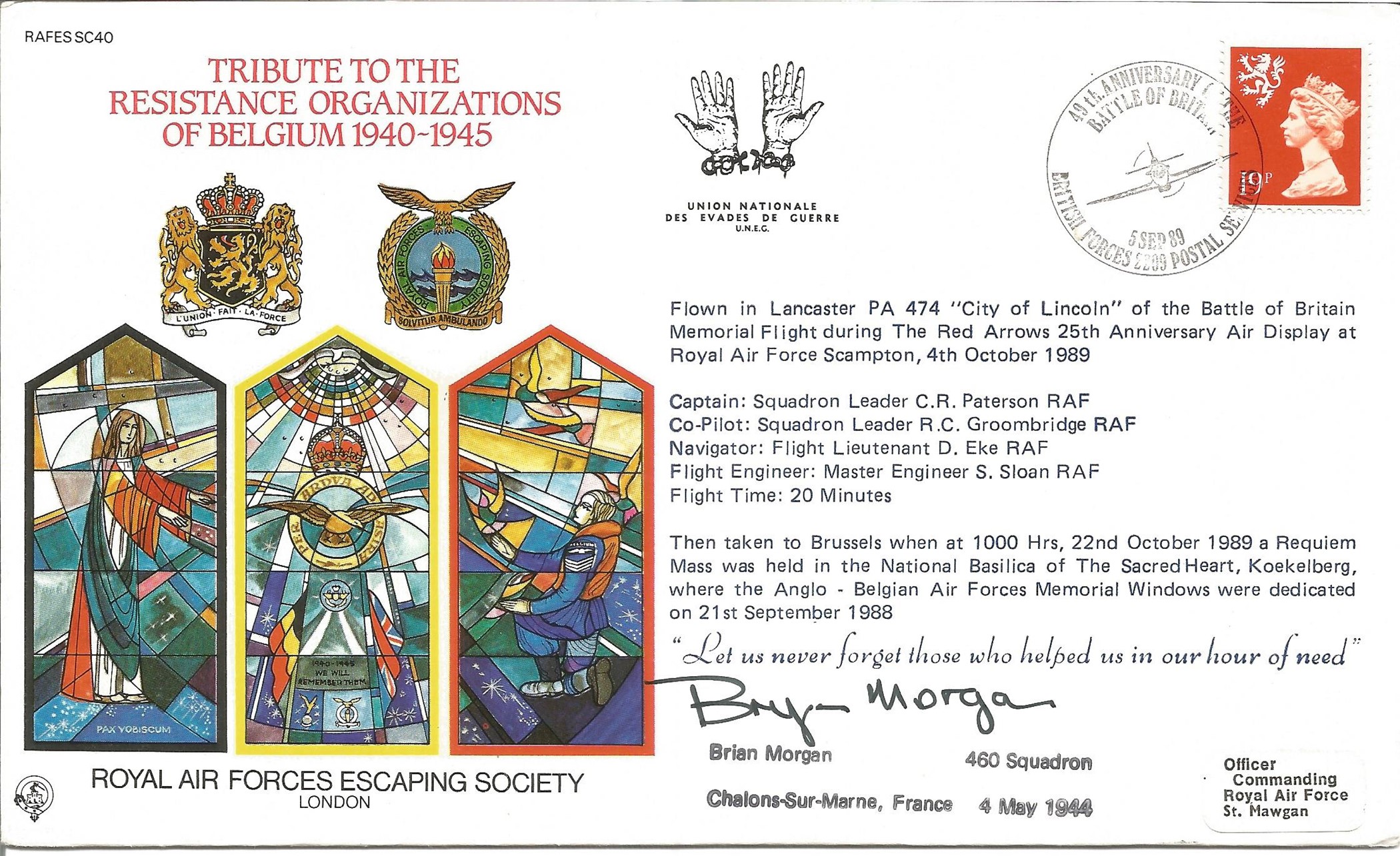 Bryn Morgan of 460 Squadron signed Tribute to the Resistance Organizations of Belgium RAF Escapers