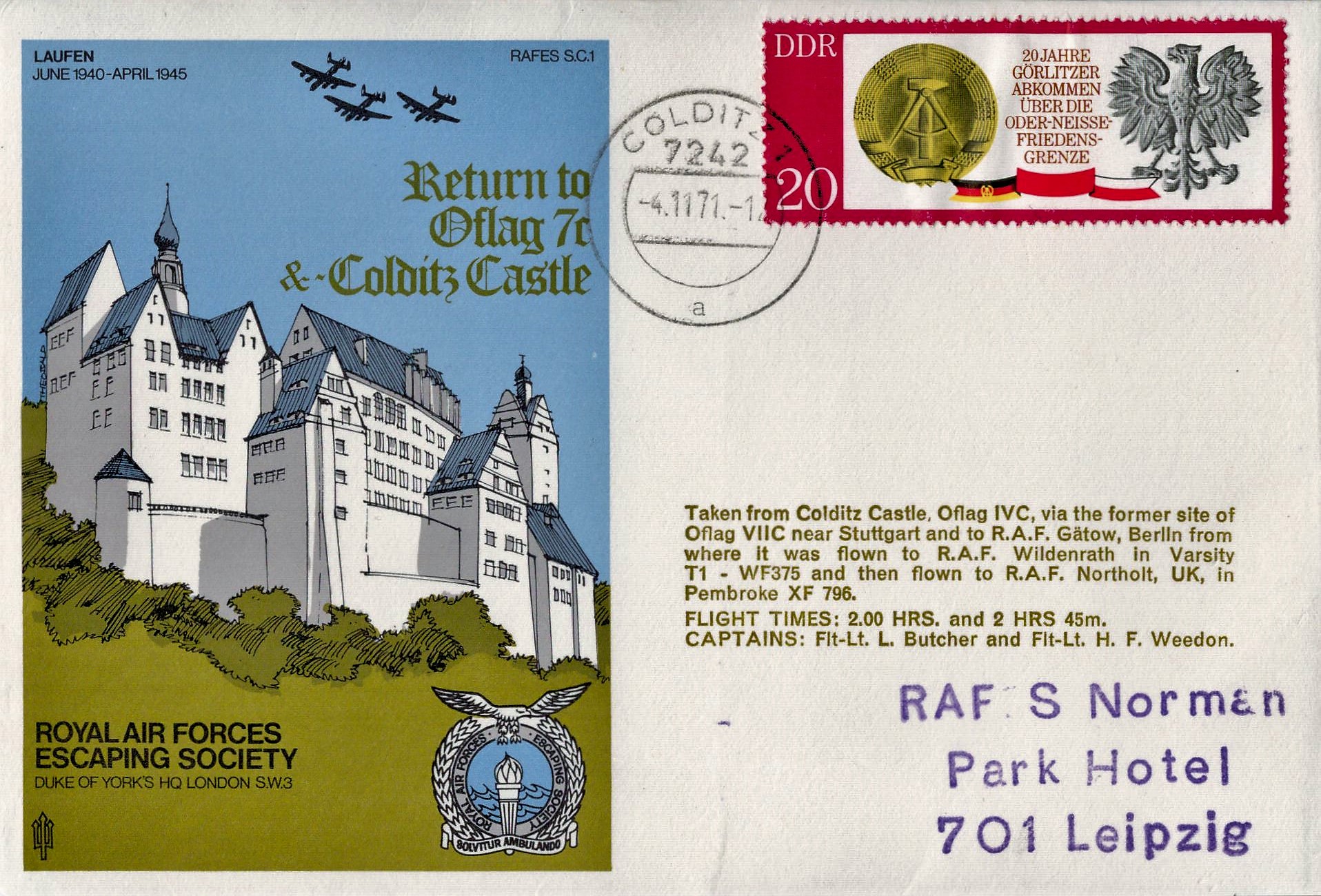 Return to Oflag 7c and Colditz Castle unsigned FDC. Taken from Colditz Castle Oflag IVC via former