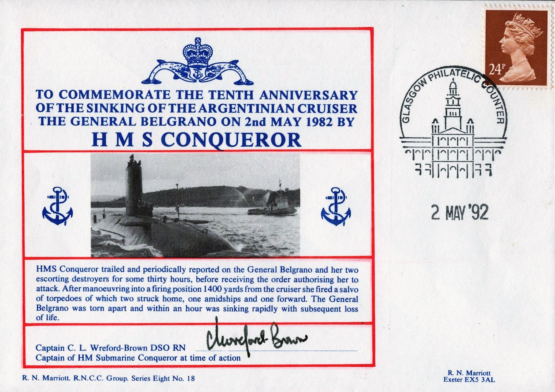 Captain C L Wreford Brown DSO RN Signed FDC. To Commemorate The Tenth Anniversary Of The Sinking