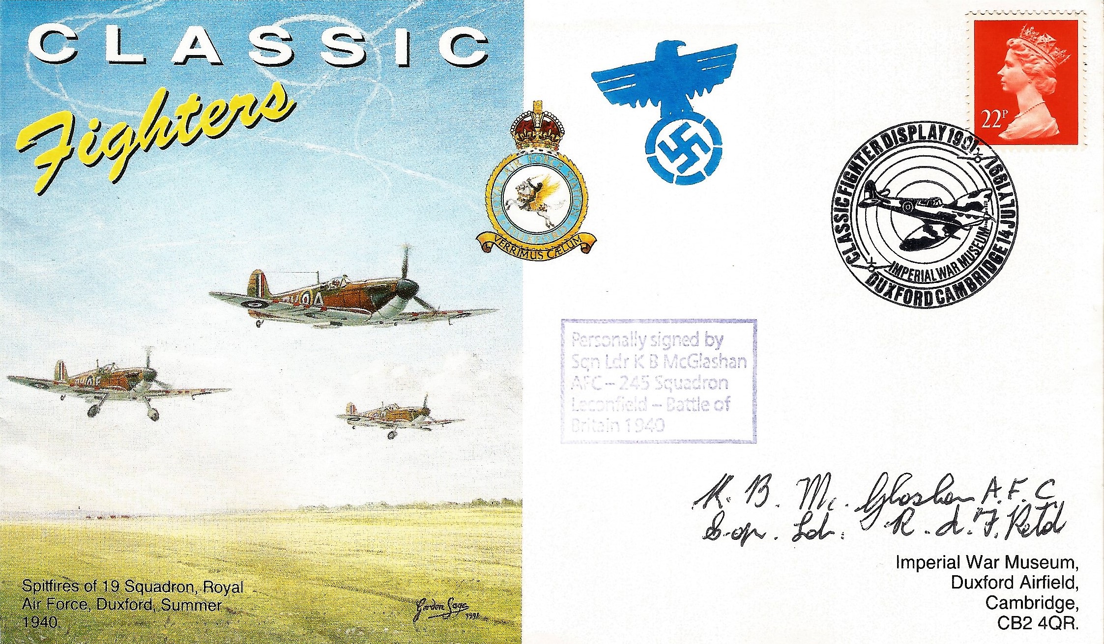 WW2 Sqdn Ldr K B McGlashan AFC Hand signed Classic Fighters FDC. Postmarked Classic Fighter