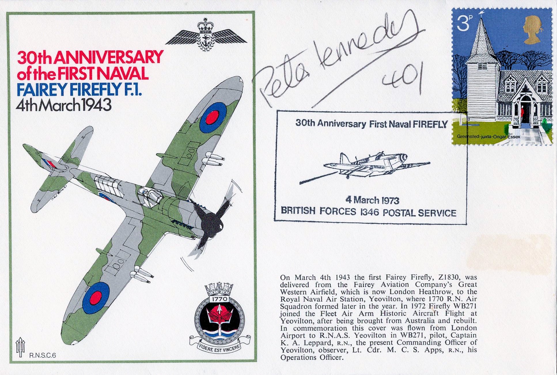 Pete Kennedy 401 Sqn signed FDC 30th Anniversary of the First Naval Fairey Firefly F. 1. 4th March