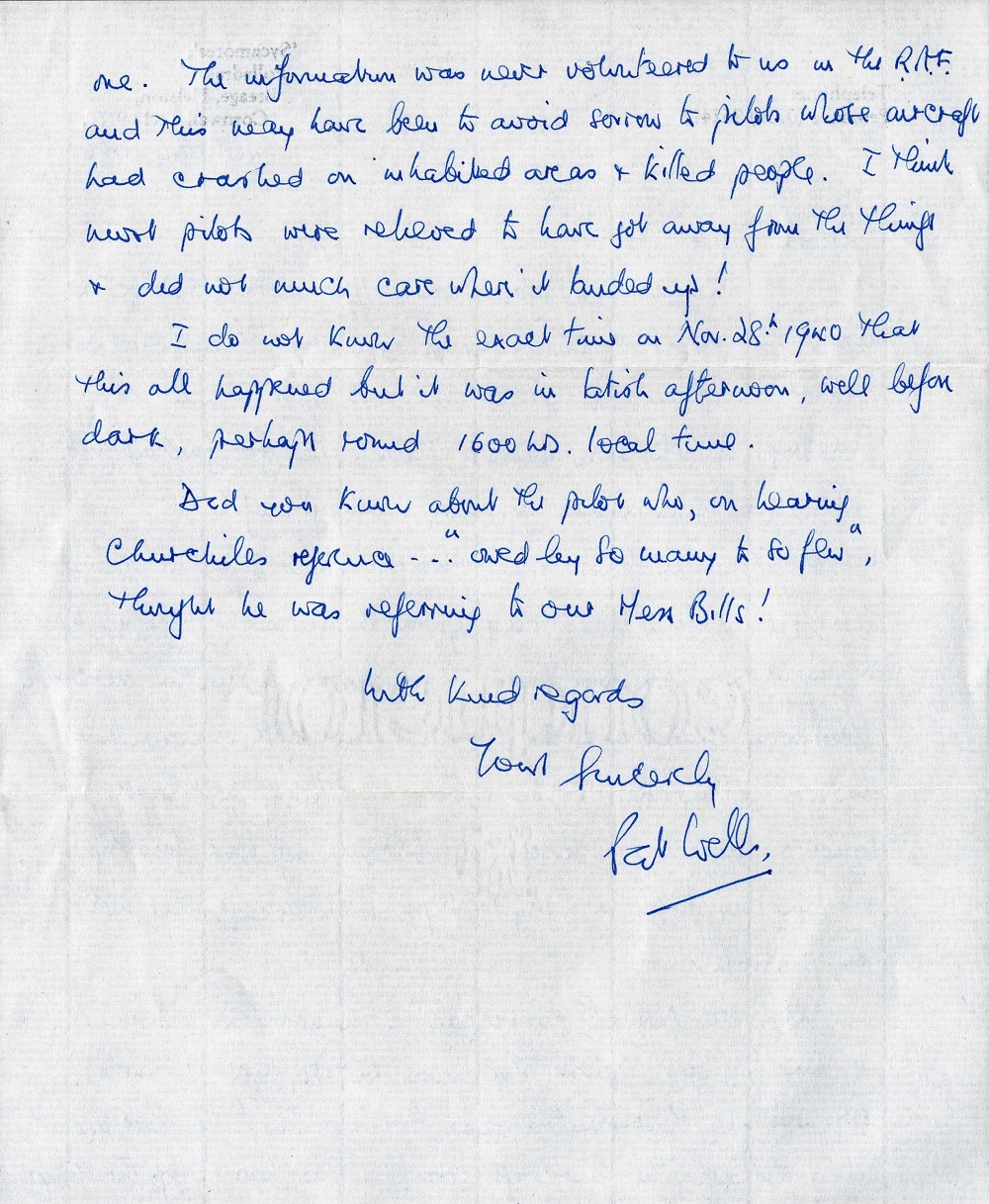 WW2 Sqn Ldr Patrick Wells DSO MiD Battle of Britain fighter ace, handwritten letter to BOB historian - Image 2 of 2