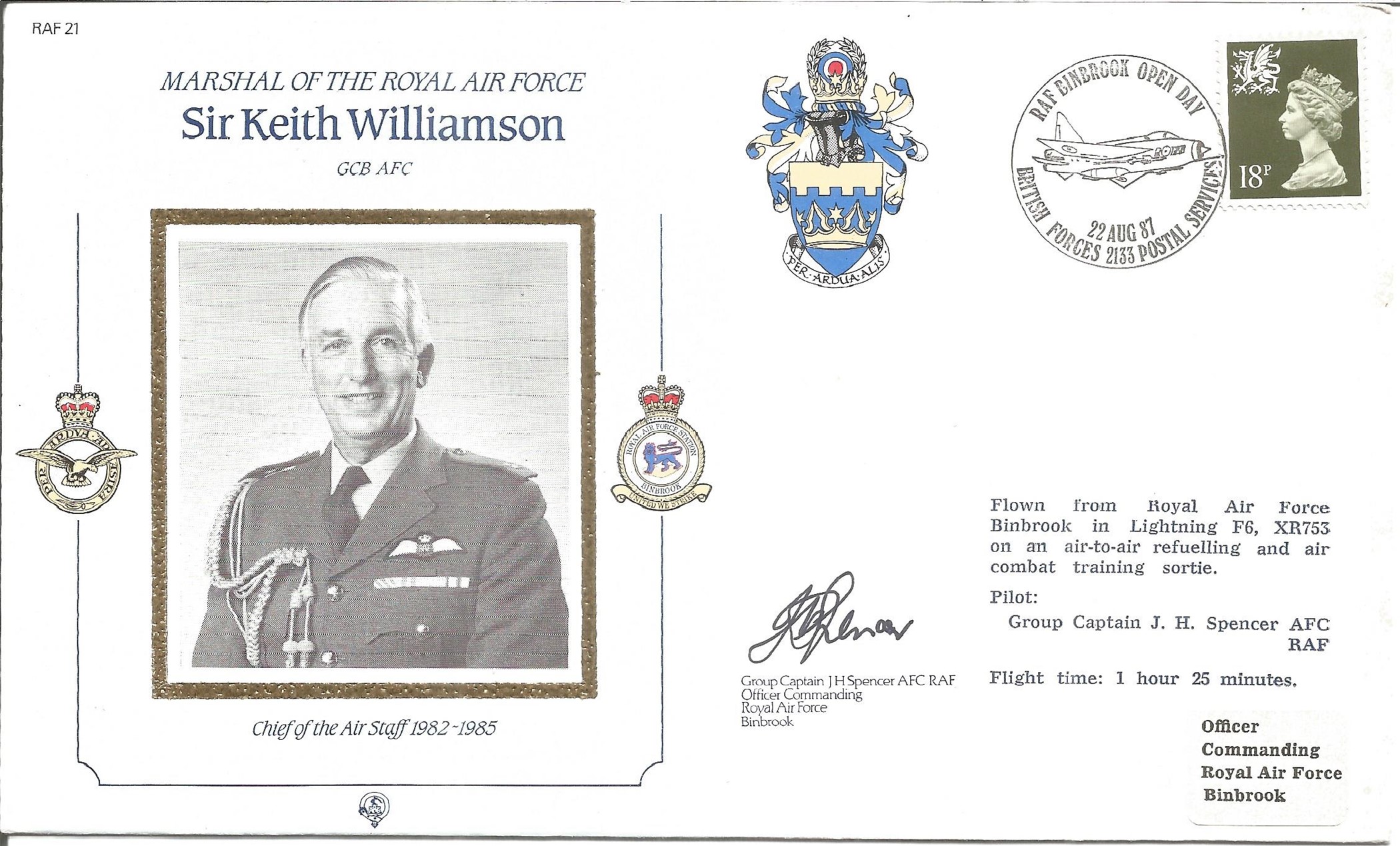 Sir Keith Williamson GCB AFC Chief of Air Staff 1982 85 signed FDC No. 758 of 2600. Flown from RAF