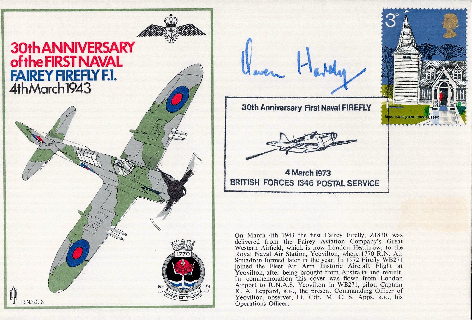 Owen Hardy signed FDC 30th Anniversary of the First Naval Fairey Firefly F. 1. 4th March 1943. Flown