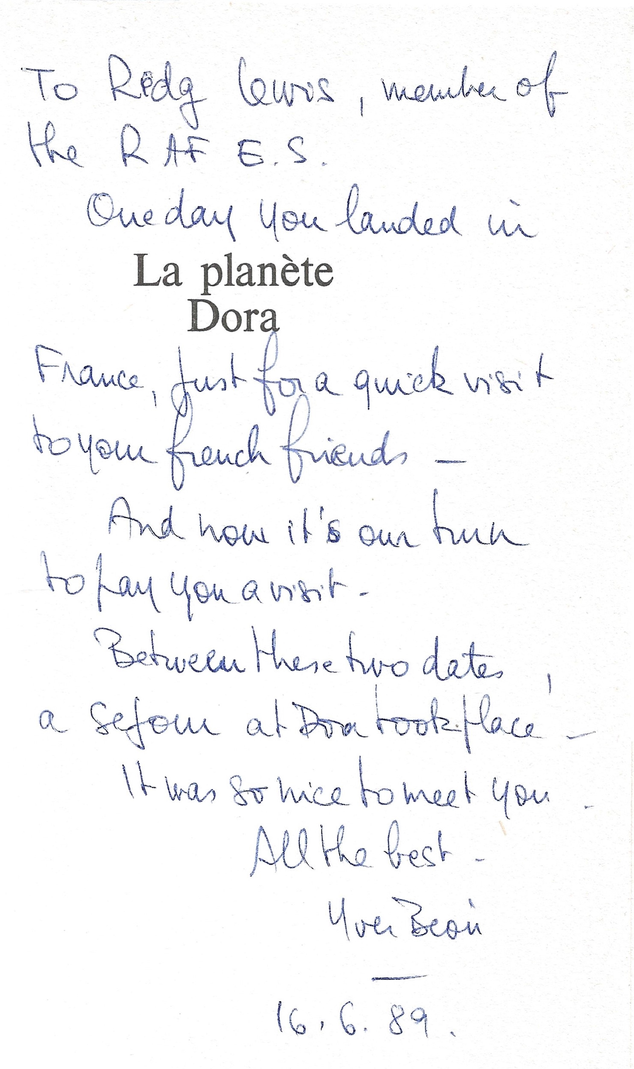 Yves Beon. La Planete Dora. A Paperback book in good condition. Signed by the Author. Dedicated to - Image 6 of 6