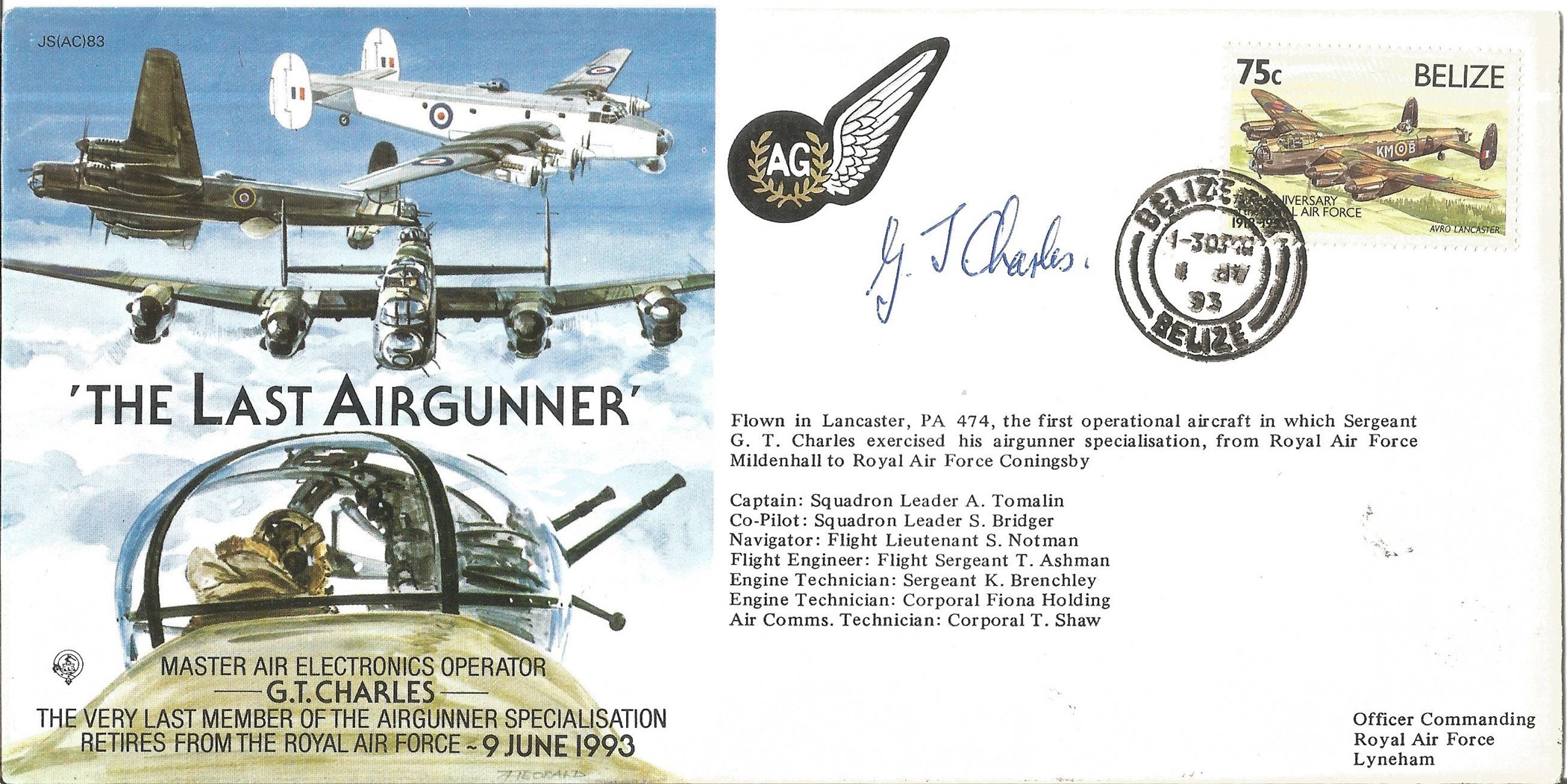 G. T. Charles Master Air Electronics Operator signed FDC The Last Airgunner No. 727 of 1000. Flown