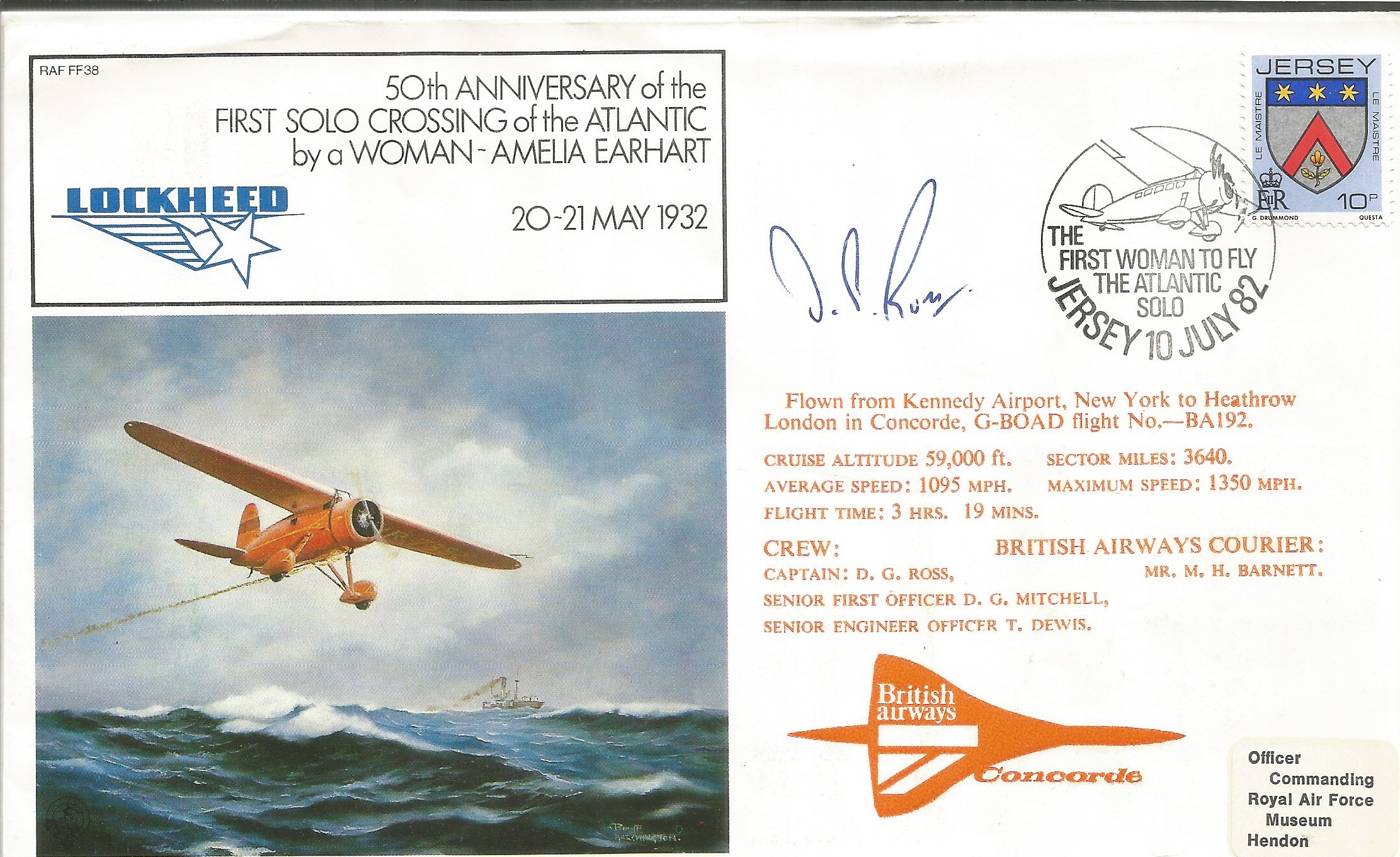 Concorde Capt Ross signed FDC 50th Anniversary of the First Solo Crossing of the Atlantic by a Woman