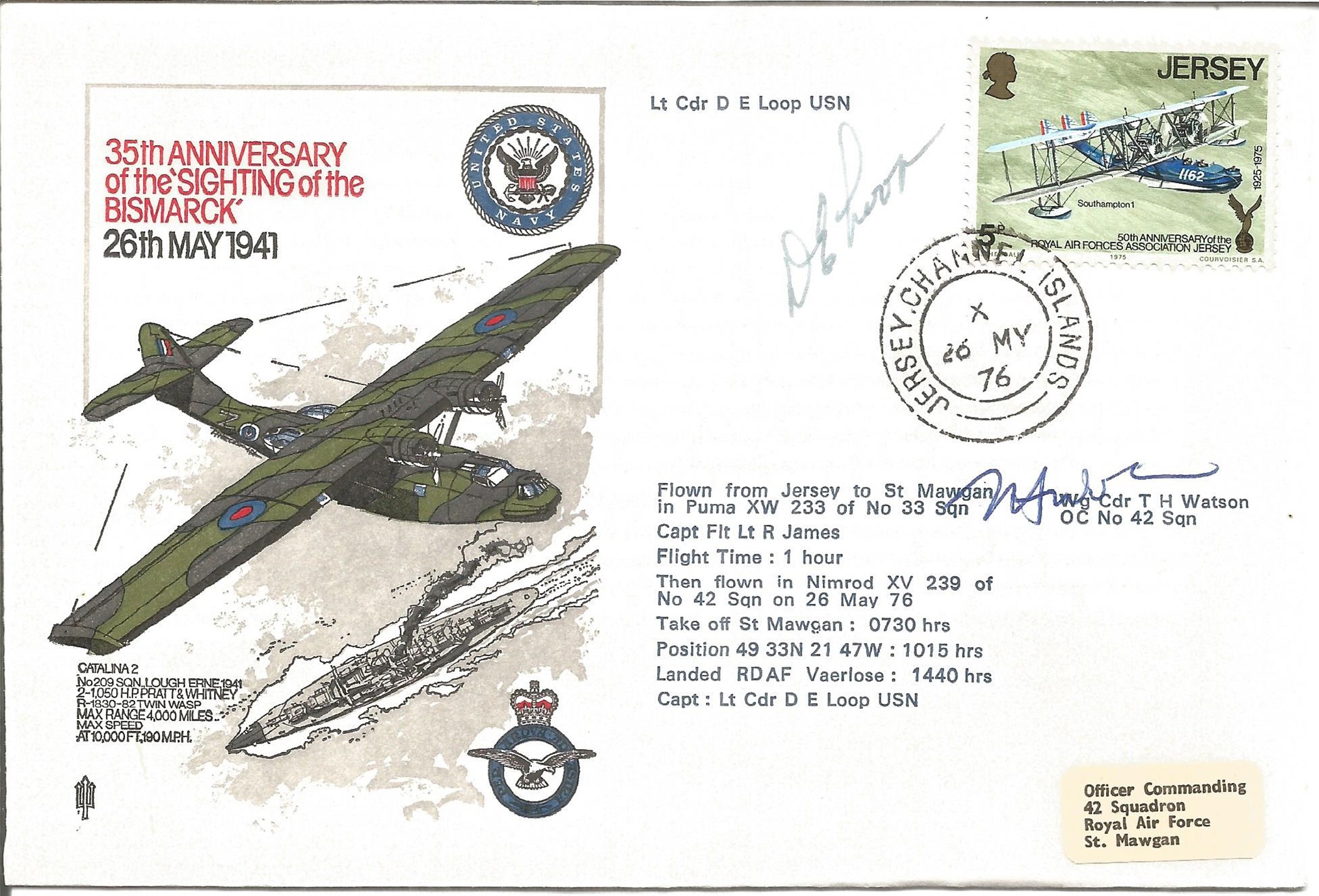 35th Anniversary of the Sighting of the Bismark 26th May 1941 signed pack of 3 FDC. Signed by Lt Cdr