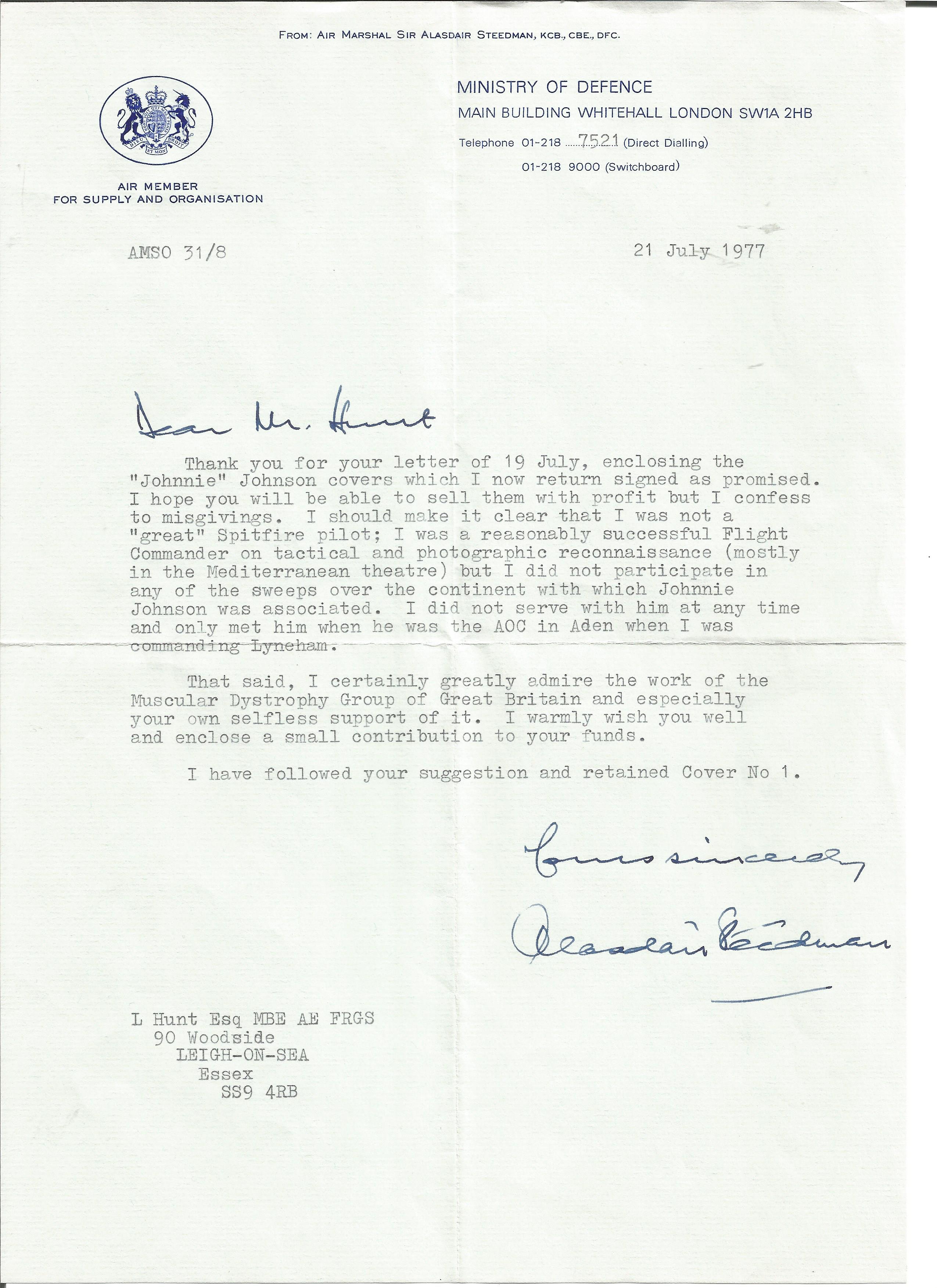 Air Chief Marshal Sir Alistair McKay Sinclair Steedman letter and signature piece. Set into superb - Image 2 of 2