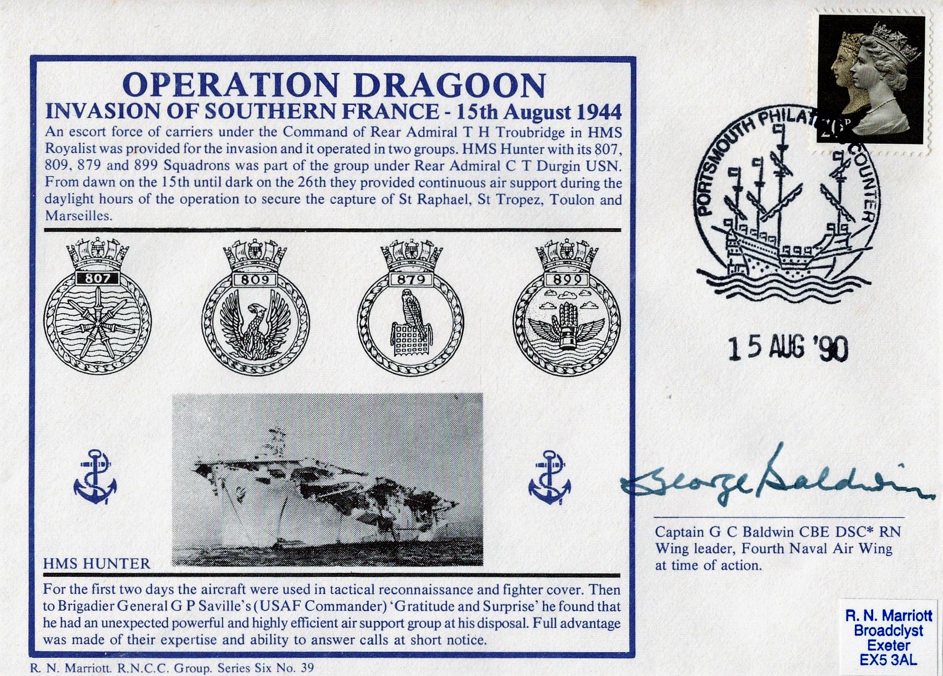 Captain G. C. Baldwin CBE DSC* RN unflown FDC Operation Dragoon Invasion of Southern France 15th