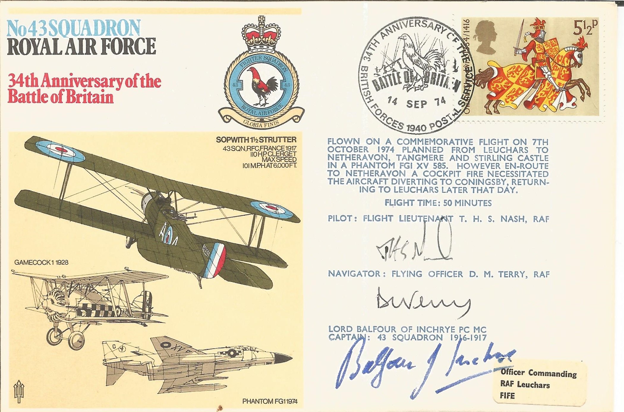 Great War ace Lord Balfour of Inchrye Flt Lt T. H. S. Nash, Fl Off D. M. Terry signed FDC No. 43 Sqn