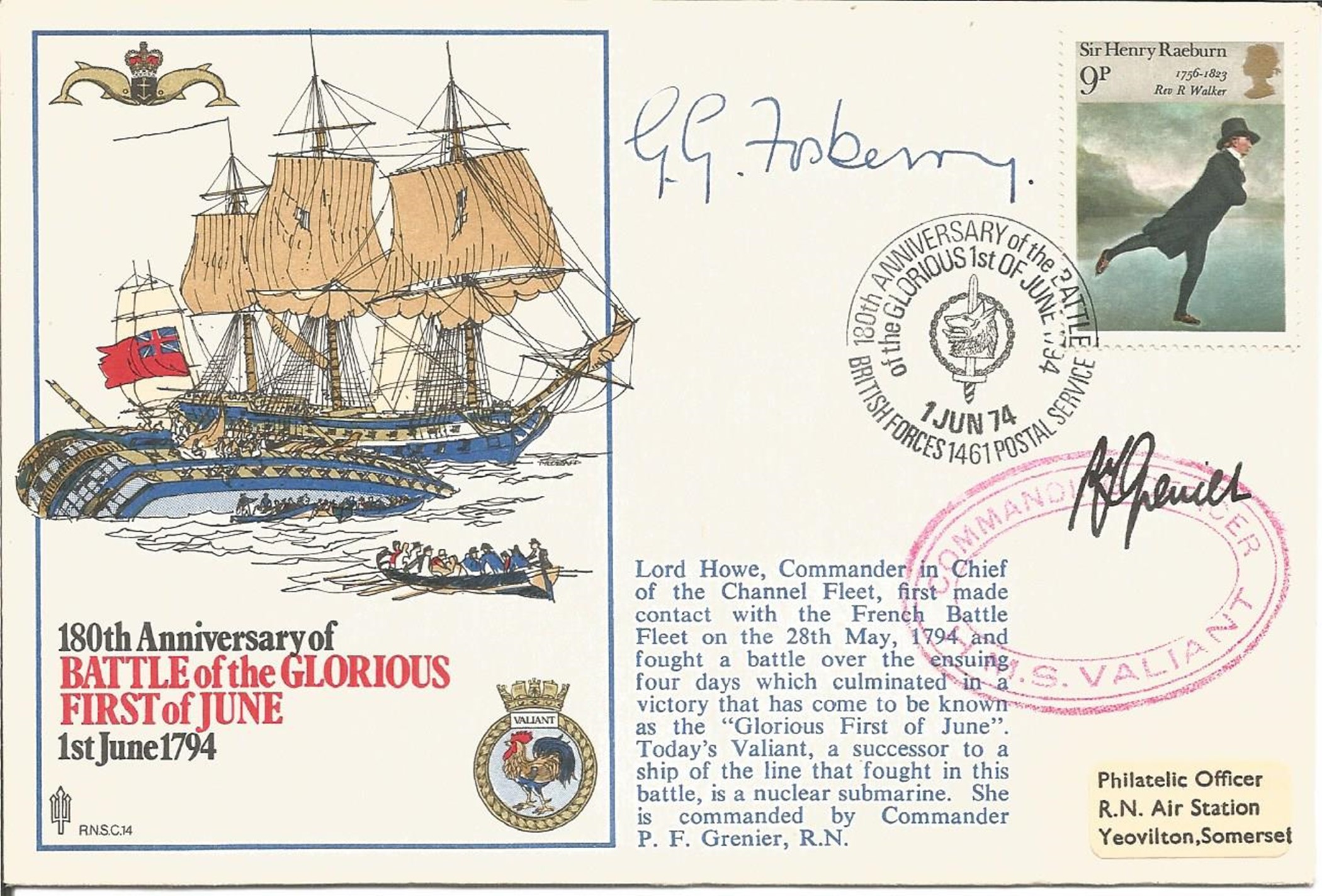 Admiral Fosberry and Commander P F Grenier signed RNSC14 cover commemorating the 180th anniversary