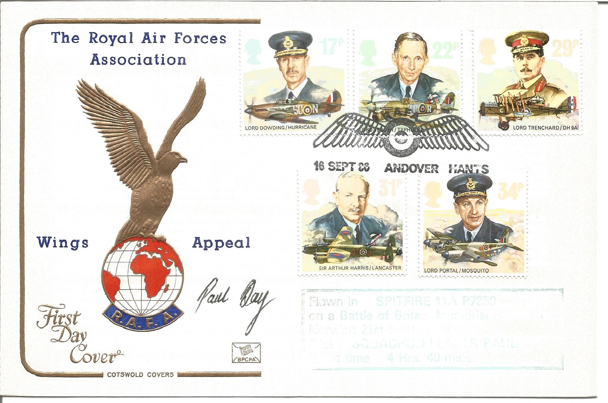 The Royal Air Forces Association Wings Appeal signed RAF cover date stamp 16th September 1986