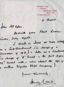 WW2 Admiral Leach handwritten letter. An A5 sized letter addressed to a Mr Ogden. From Admiral Henry