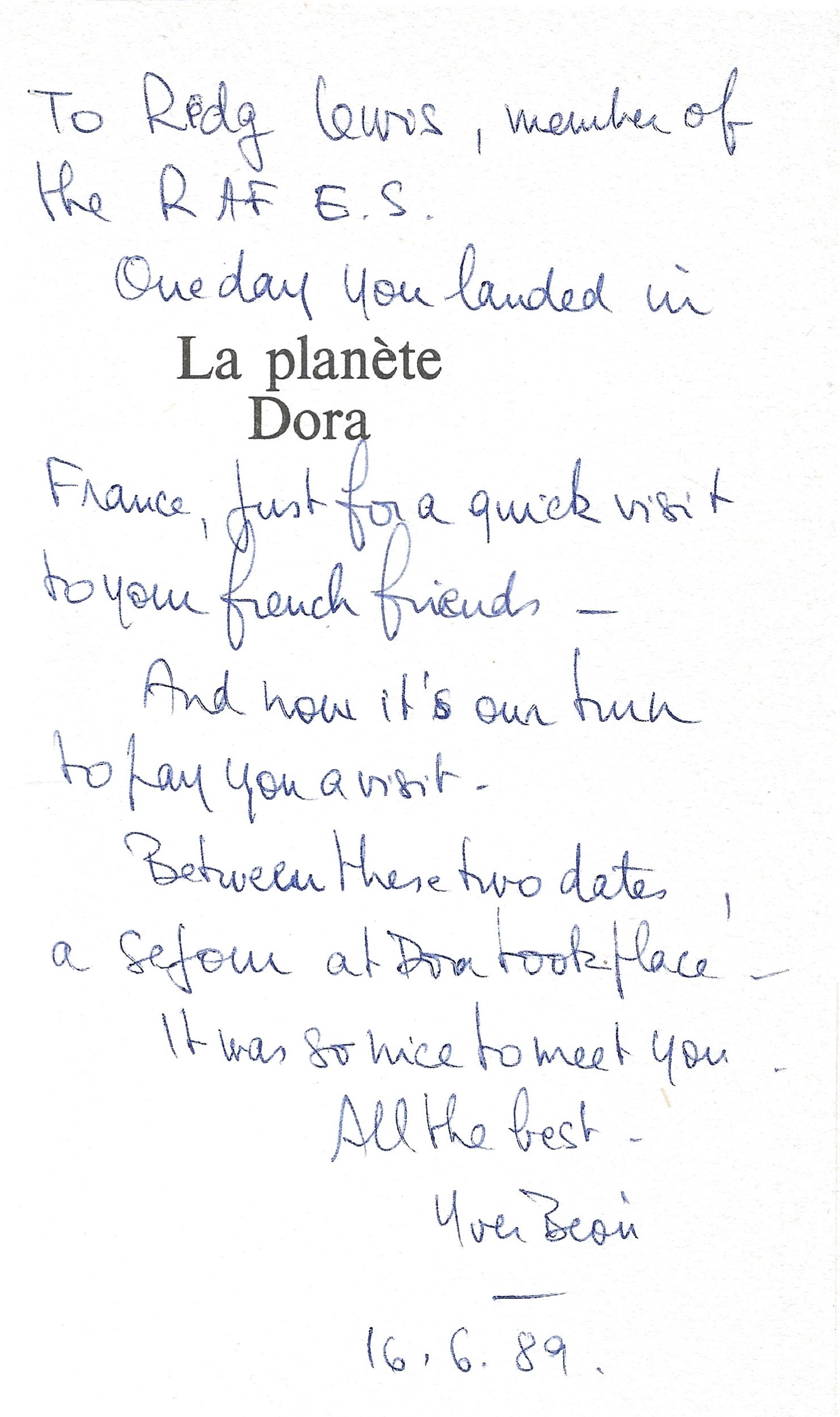 Yves Beon. La Planete Dora. A Paperback book in good condition. Signed by the Author. Dedicated to - Image 4 of 6