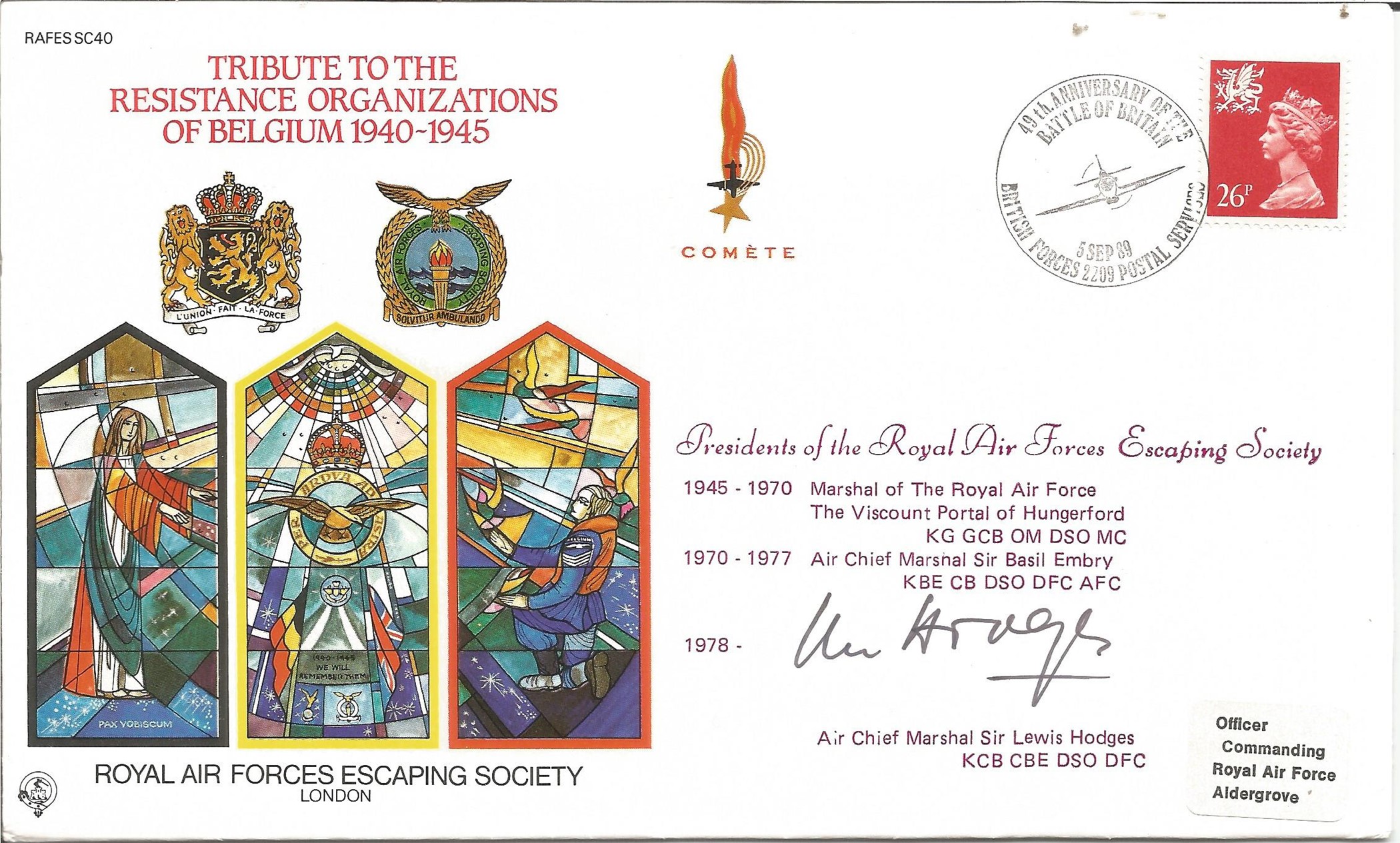 Sir Lewis Hodges Signed Commemorative Cover Tribute to the Resistance Organizations of Belgium