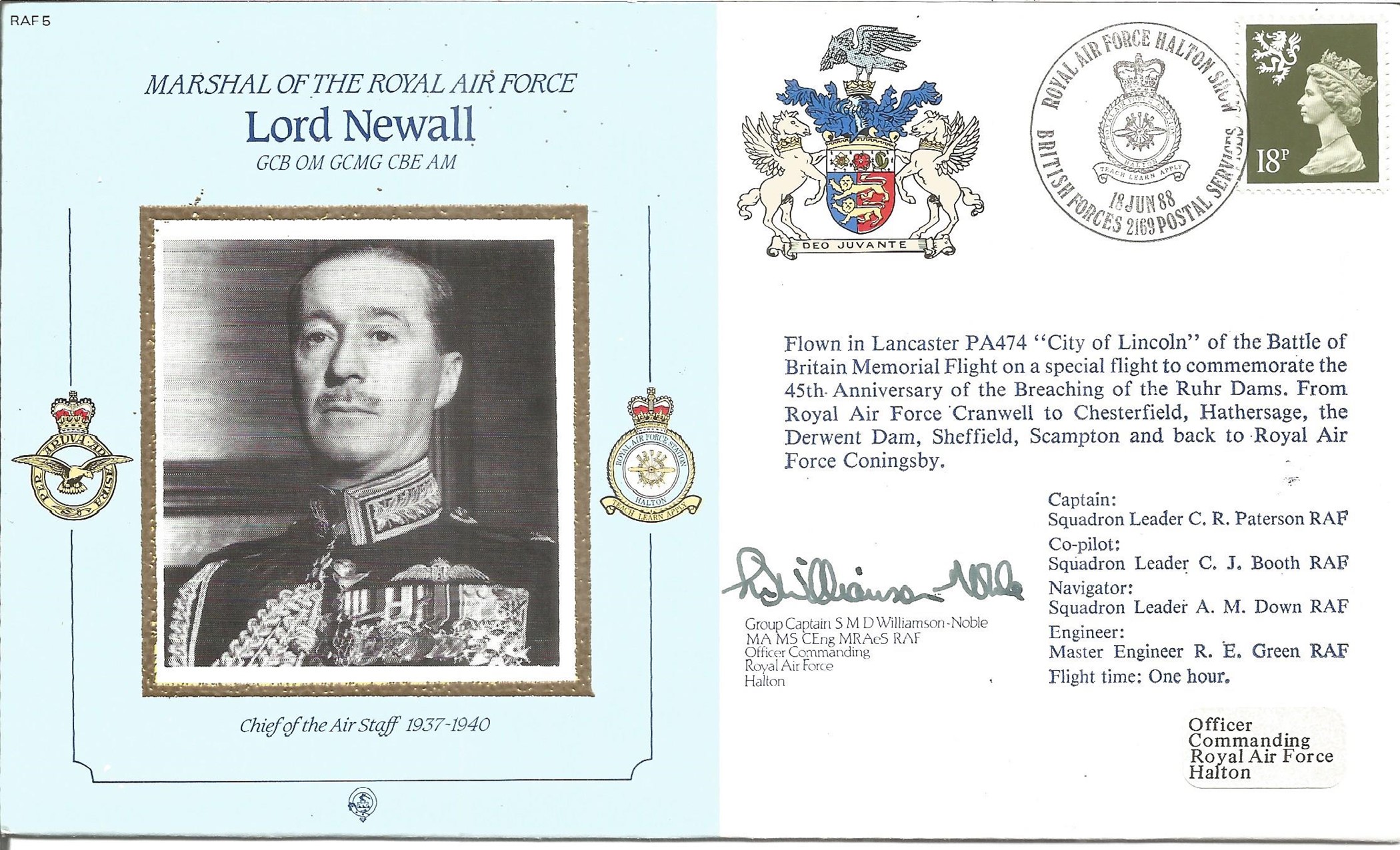 Lord Newall GCB OM GCMG CBE AM Chief of Air Staff 1937 1940 signed FDC No. 1033 of 1800. Flown In