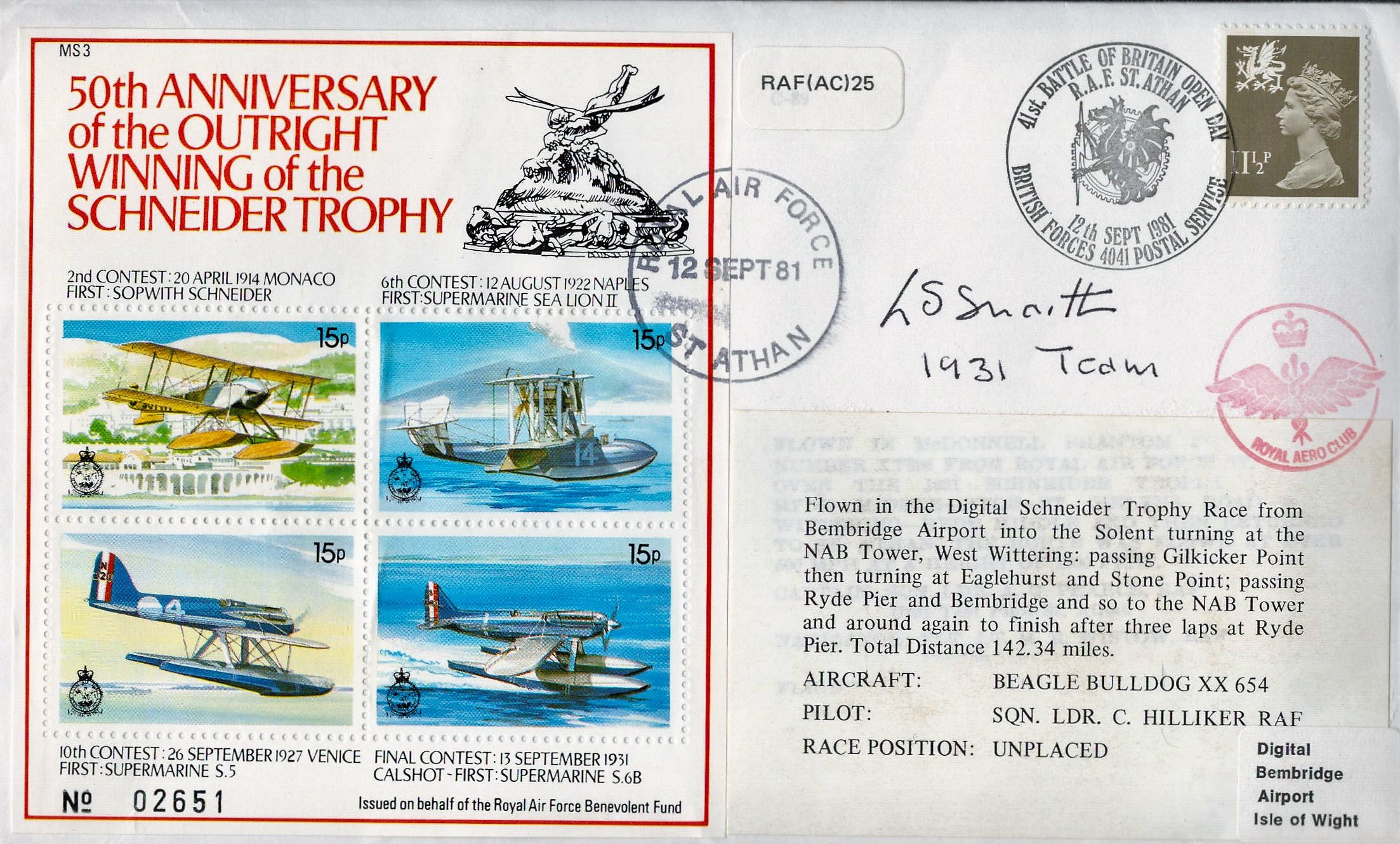 L. S. Snaith 1931 Team and Cliff Hilliker RAF 1985 signed FDC 50th Anniversary of the Outright