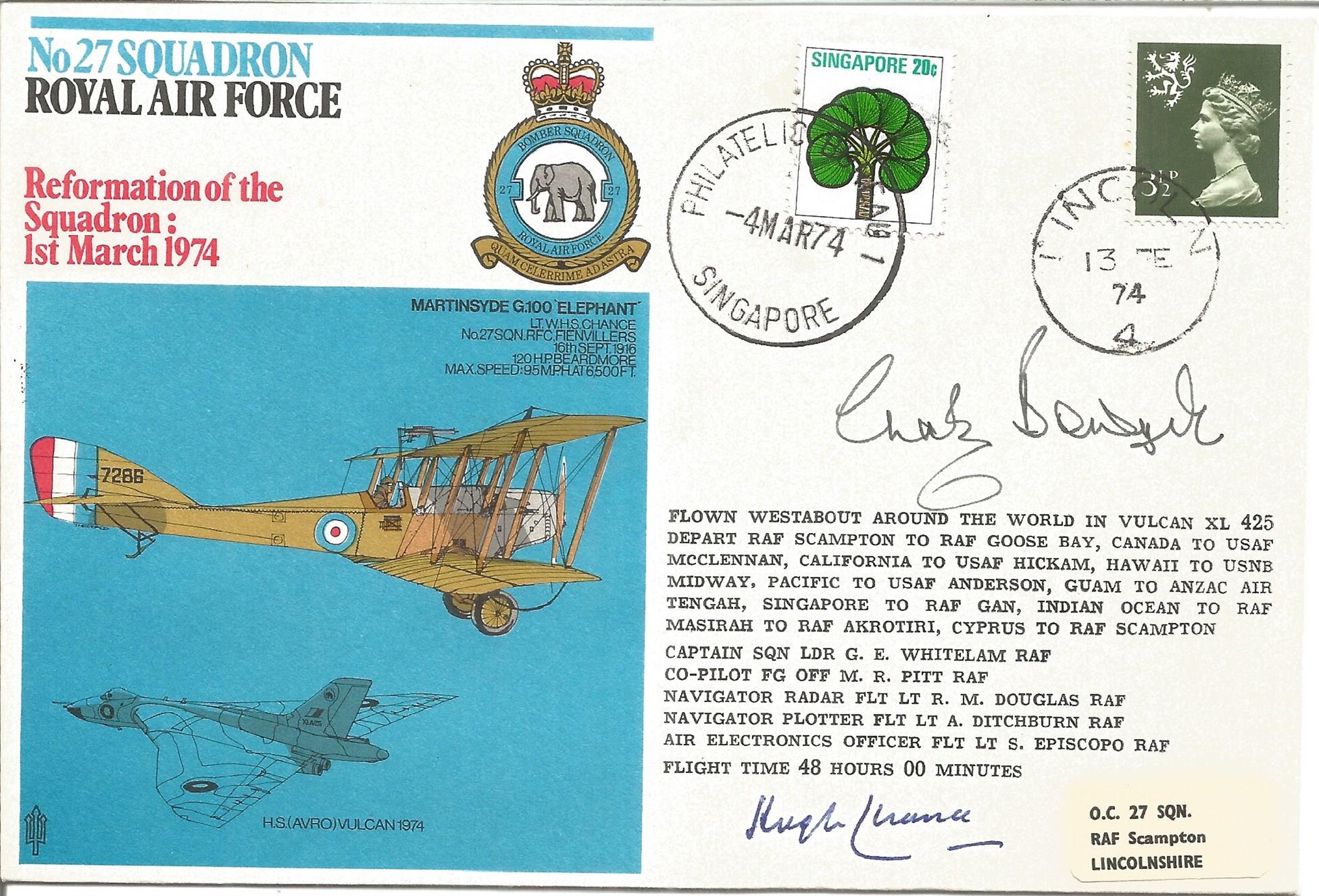 Great War Chaz Bowyer and Hugh Chance signed FDC No27 Squadron RAF Reformation of the Squadron 1st