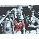 Football Jimmy Greenhoff signed 16x12 colourised photo pictured celebrating with the FA Cup after