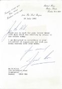 Lord Raynor Signed Tls. Typed Signed Letter On Personal Stationary, Replying To An Autograph