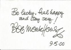 Bob Monkhouse signed 6x4 white card with 10x8 black and white unsigned photo. Good condition. All