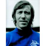 John Greig MBE Hand signed 16x12 Colourised Photo showing Greig in his Rangers FC Kit. Good