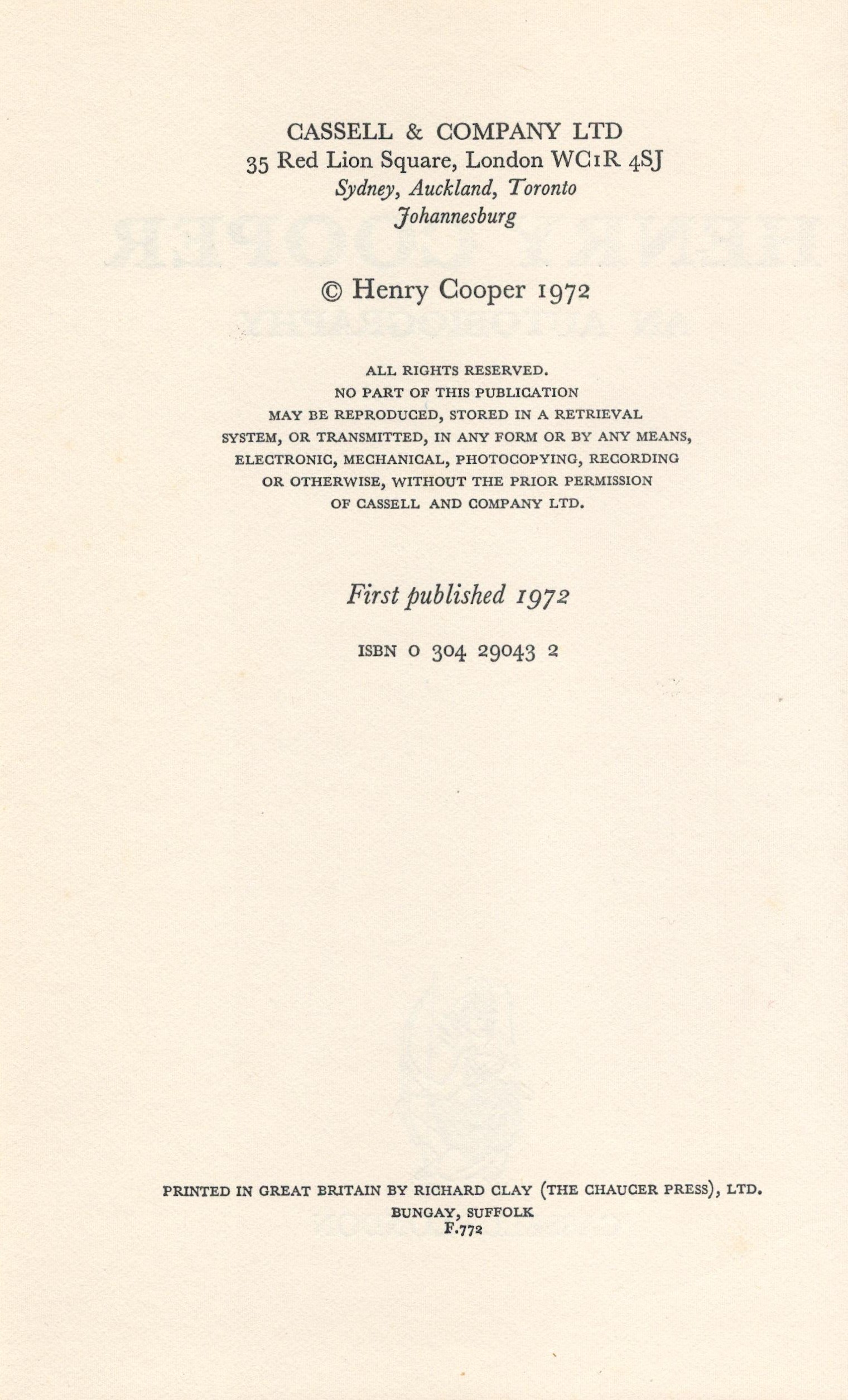 Henry Cooper - An Autobiography First Edition 1972 Hardback Book published by Cassell and Co Ltd - Image 3 of 3
