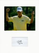 Golf Larry Mize 16x12 mounted signature piece includes a signed album page and a superb colour