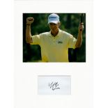 Golf Larry Mize 16x12 mounted signature piece includes a signed album page and a superb colour