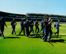 Cricket Darren Gough Hand signed 10x8 Colour Photo showing Gough Celebrating alongside England