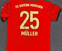 Football Thomas Muller signed Bayern Munich number 25 replica shirt mounted to board. Thomas