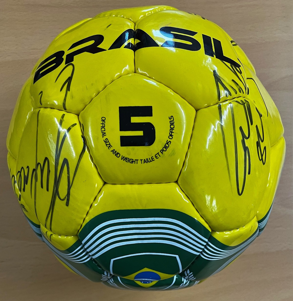 Brazil Legends Multi Signed Size 5 Football Including Cafu. 7 Signatures in total. Yellow/Green/