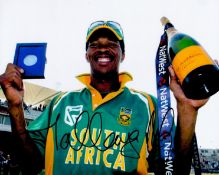 Cricket Makhaya Ntini signed 10x8 colour photo. Makhaya Ntini OIS (born 6 July 1977) is a South