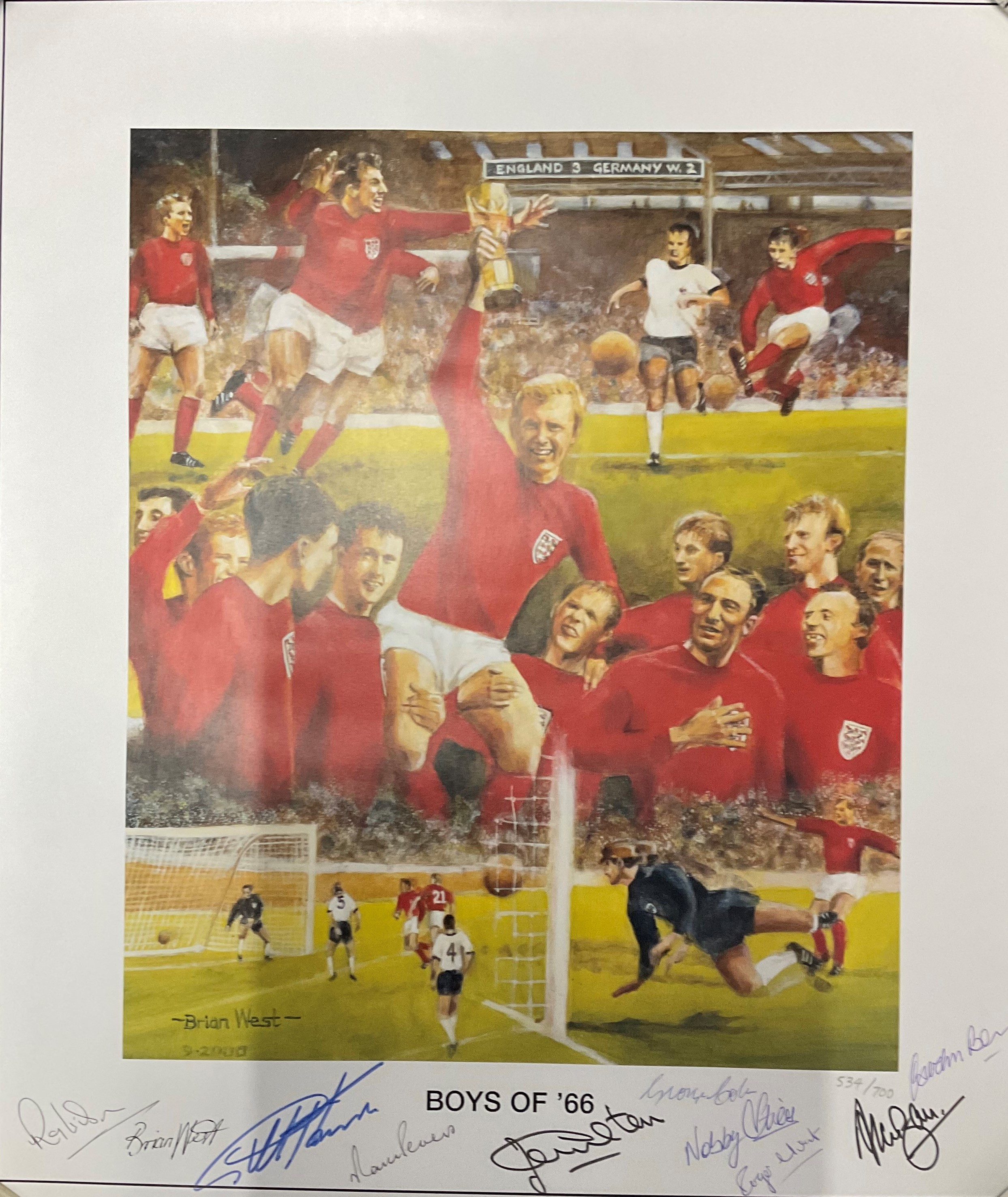 1966 World Cup Winners Multi Signed Brian West Colour Limited Edition 534/700 Print Measuring