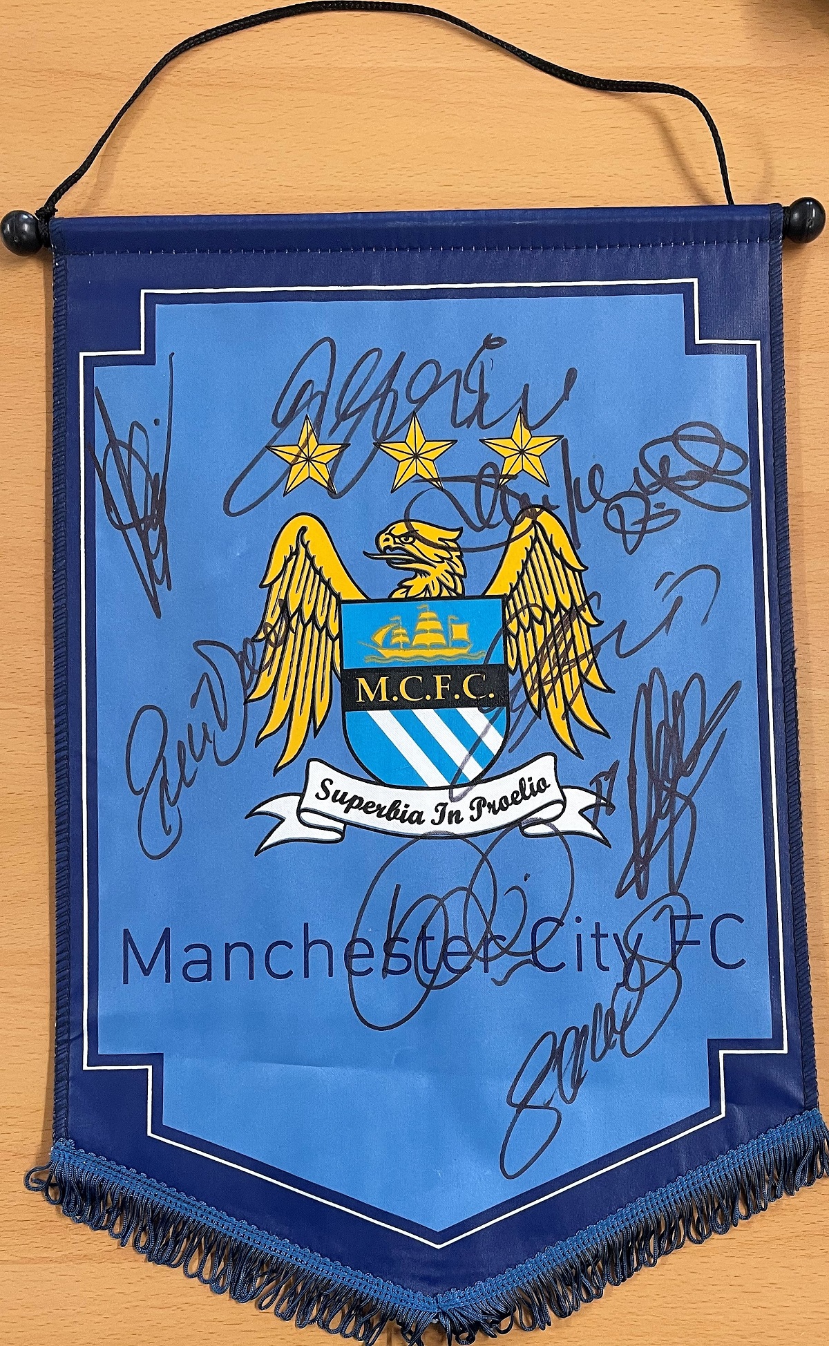 Manchester City Legends Hand signed Man City Pennant. Signed by 9 Players. Some Fantastic