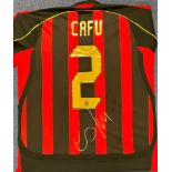 Football Cafu signed A.C Milan number 2 replica shirt mounted to board. Marcos Evangelista de Morais