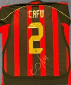 Football Cafu signed A.C Milan number 2 replica shirt mounted to board. Marcos Evangelista de Morais